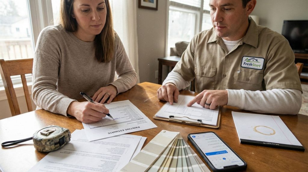 Professional painting contractor reviewing detailed estimate with homeowner before project starts