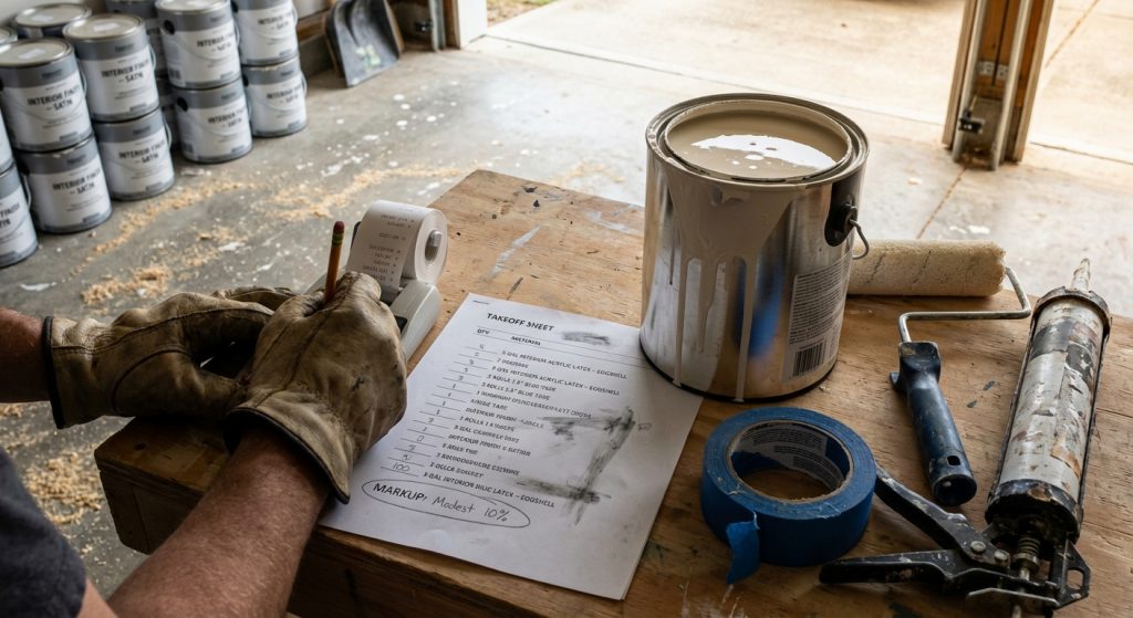 Professional painting contractor calculating an itemized estimate with materials, labor, and markup before submitting a bid