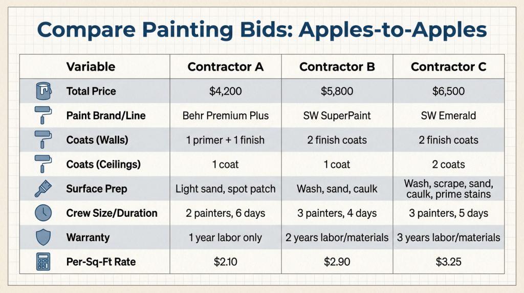 Comparison table breaking down painting bids from multiple contractors to help homeowners evaluate price, materials, prep work, and warranties
