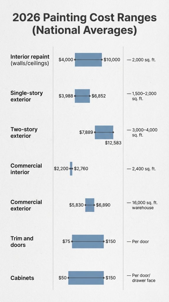 2026 painting cost ranges infographic showing national average prices for interior, exterior, commercial, trim, and cabinet painting projects